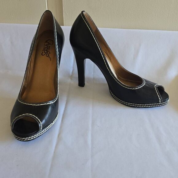 Carlos Santana Shoes Black Leather Peep Toe Platform 4”High Heels, NEW, Sz 8M - Picture 4 of 7